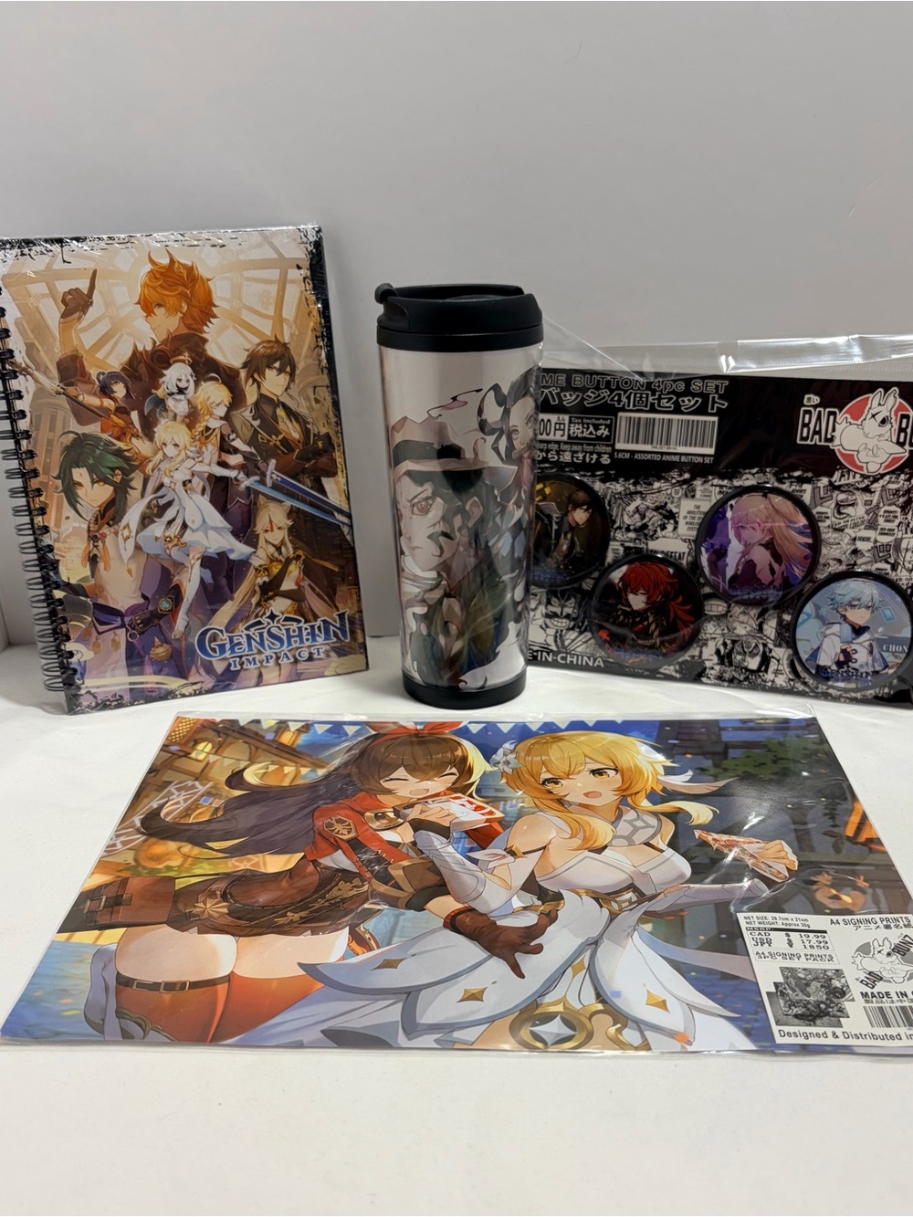 Genshin Impact Bundle Poster Notebook Pins Cup NEW Bad Bunz